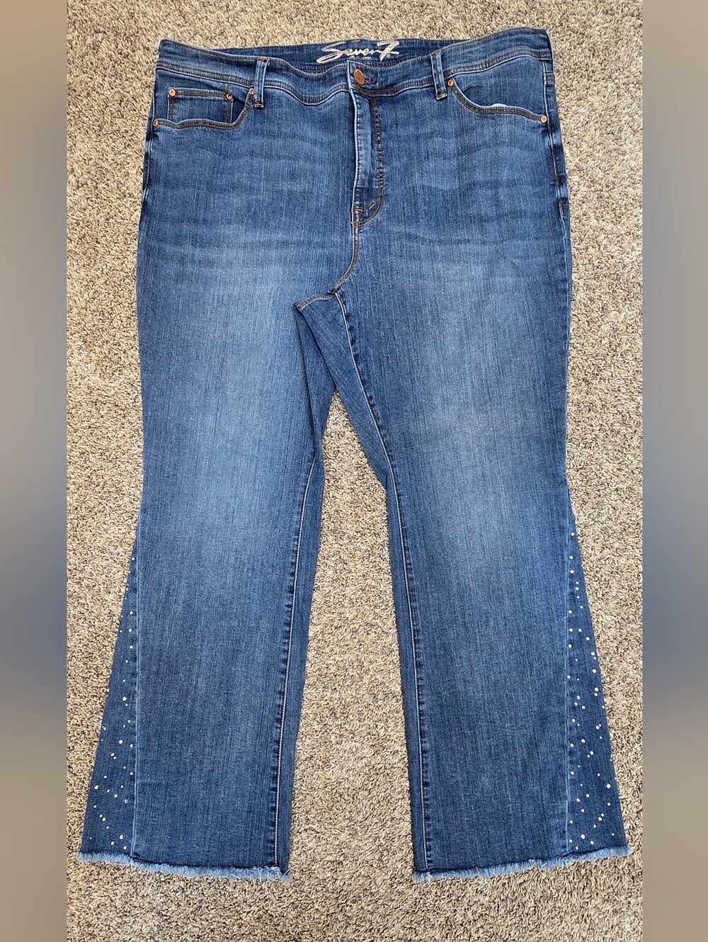 Seven7 Size 22 Flare Jeans Raw Hem Rhinestone Stretch Denim Plus Size